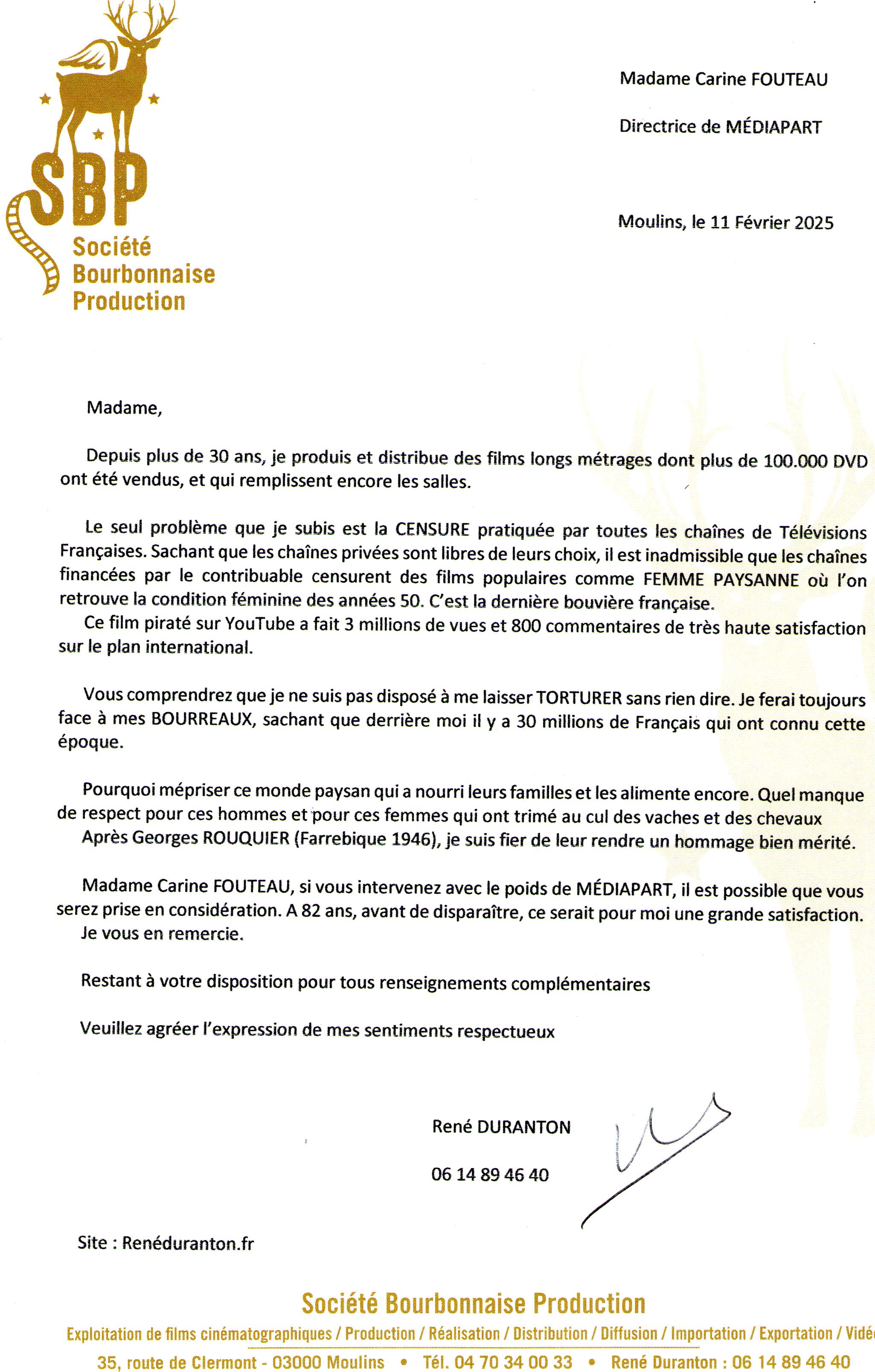 Lettre � Mme Carine Fouteau